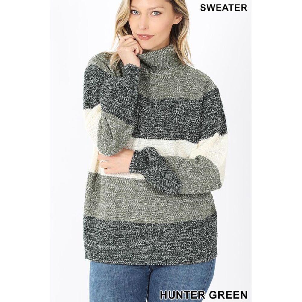 World of Leggings Color Block Striped Turtle Neck Balloon Sleeve Sweater